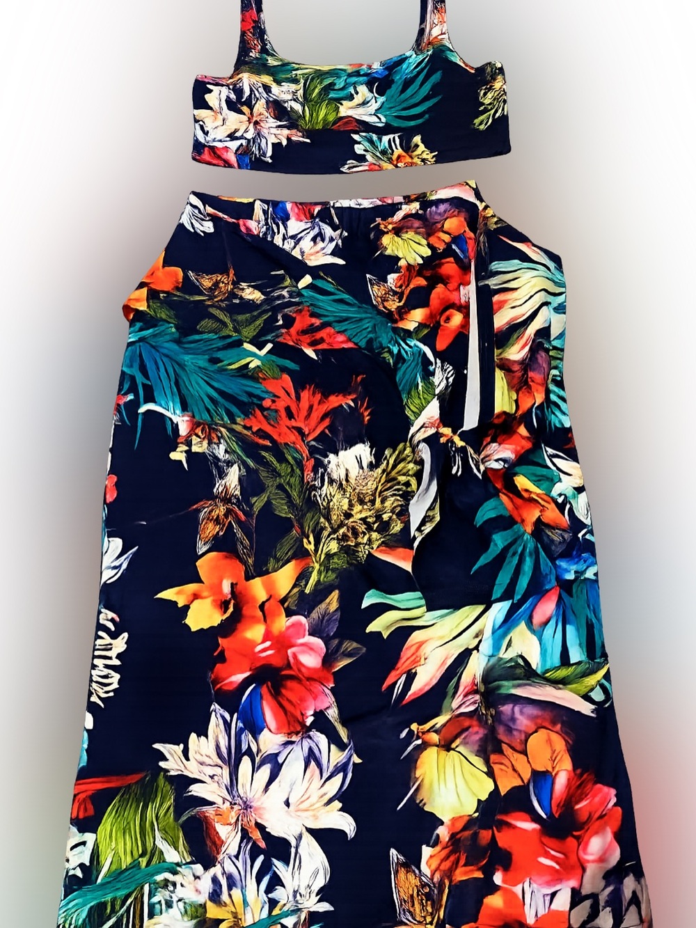 SHEIN Navy Tropical Floral Maxi Skirt Set with Multicolor Blooms